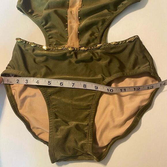 Custom solo dance costume leotard embellished olive green gold rhinestone SA - Picture 10 of 13